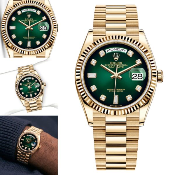 Luxury Watch Yellow Gold Green Dial 212 featuring a 36mm oyster case and a vibrant green dial.