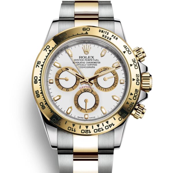 Royal Watch Daytona Gold Silver with white dial and yellow gold case."